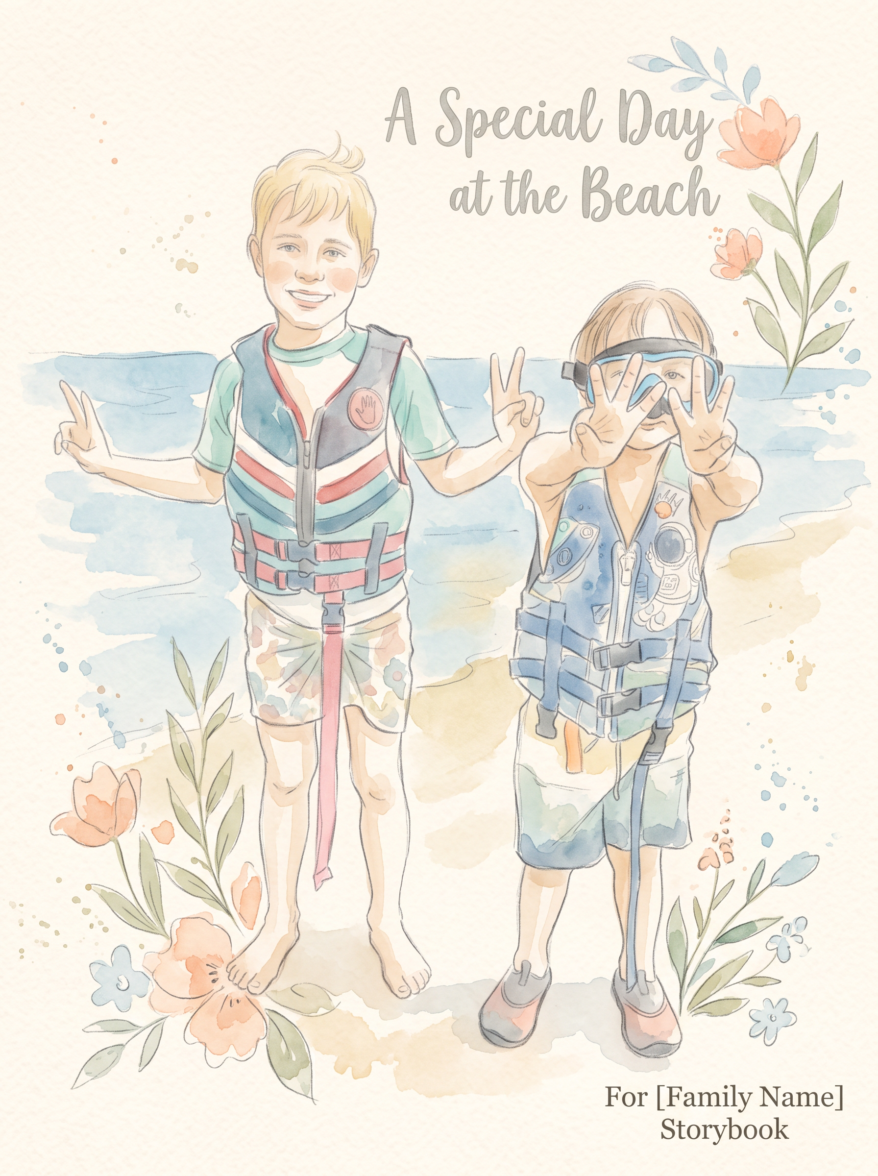 Mikah and Marco at the beach throwing peace signs