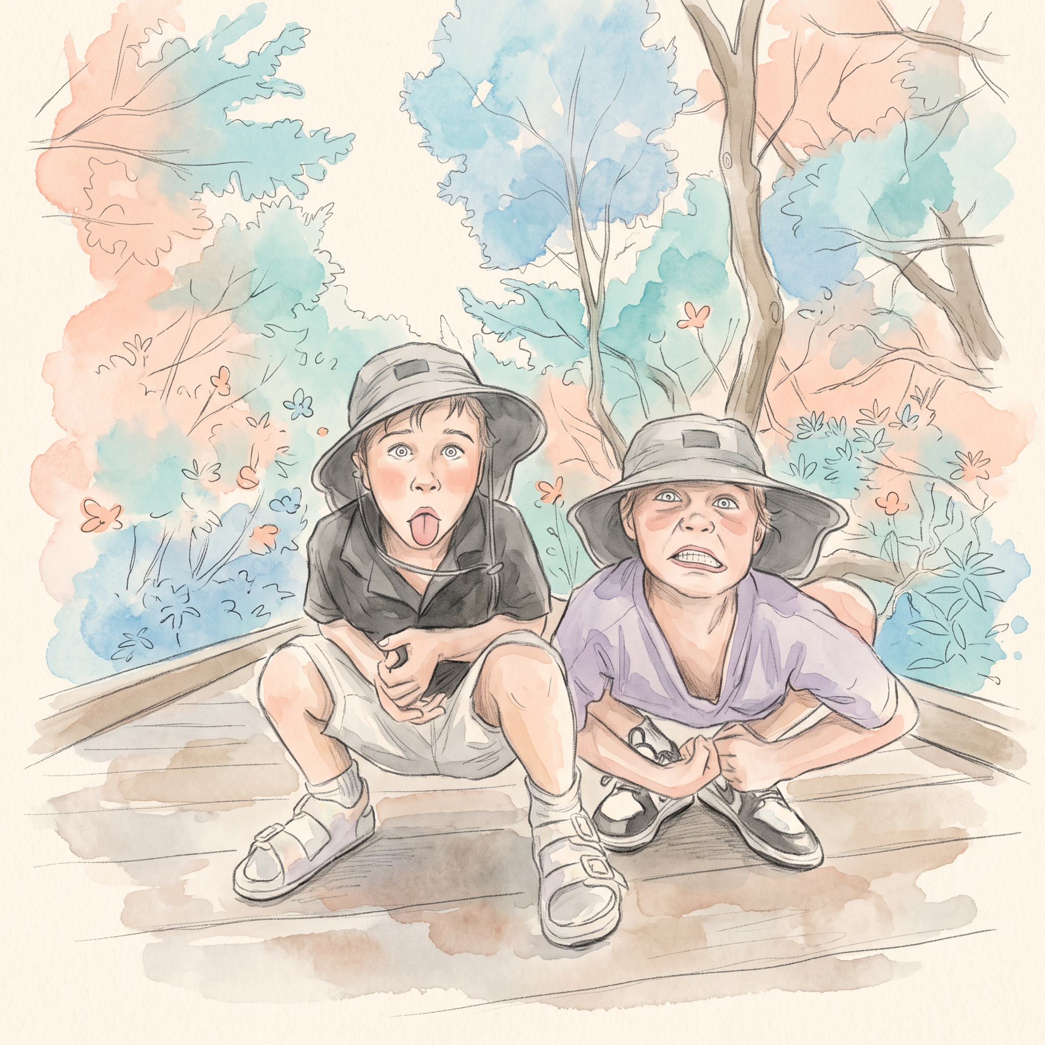 Mikah and Marco in matching bucket hats making silly faces