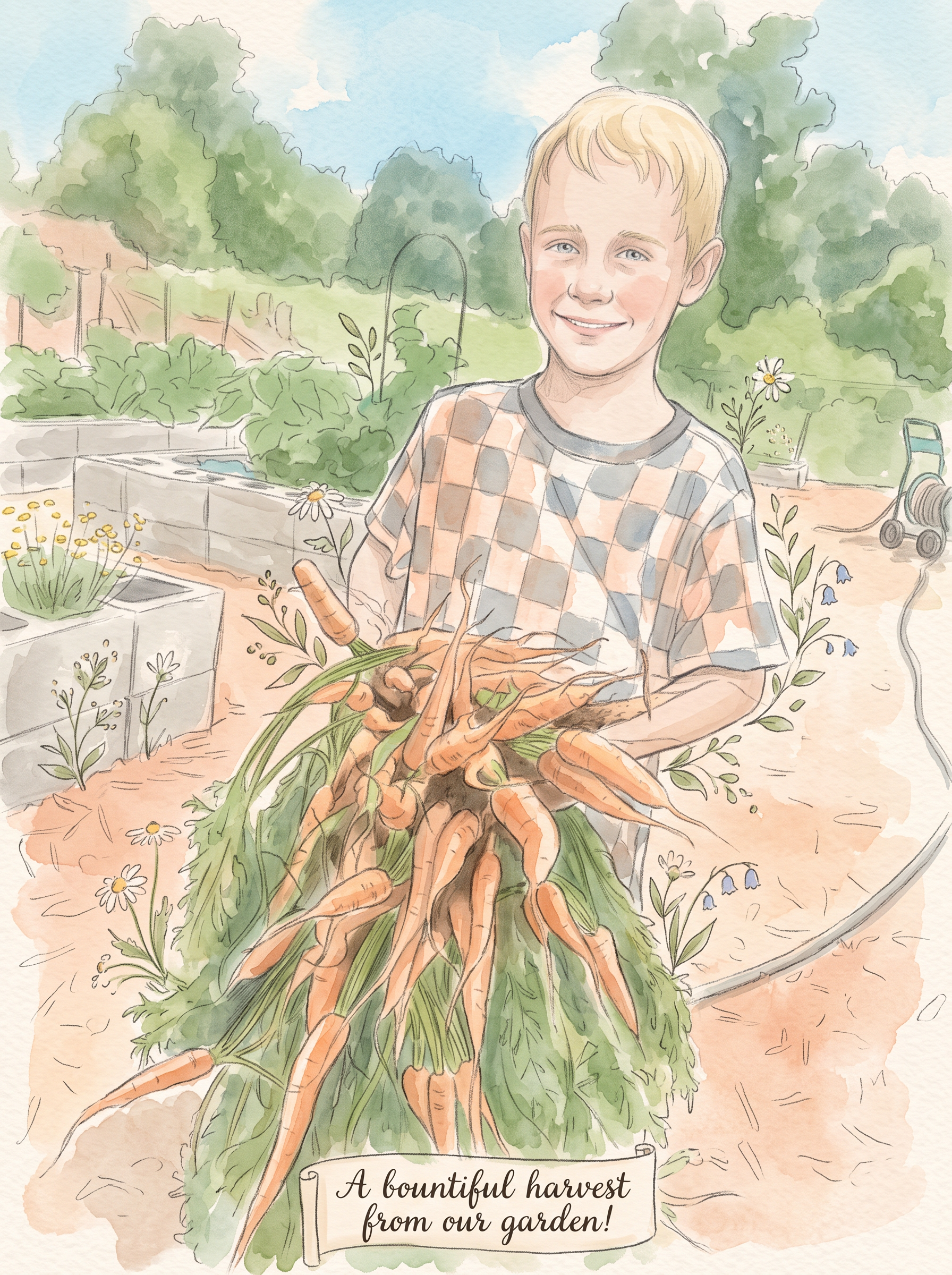 Mikah holding a huge bunch of carrots from the garden