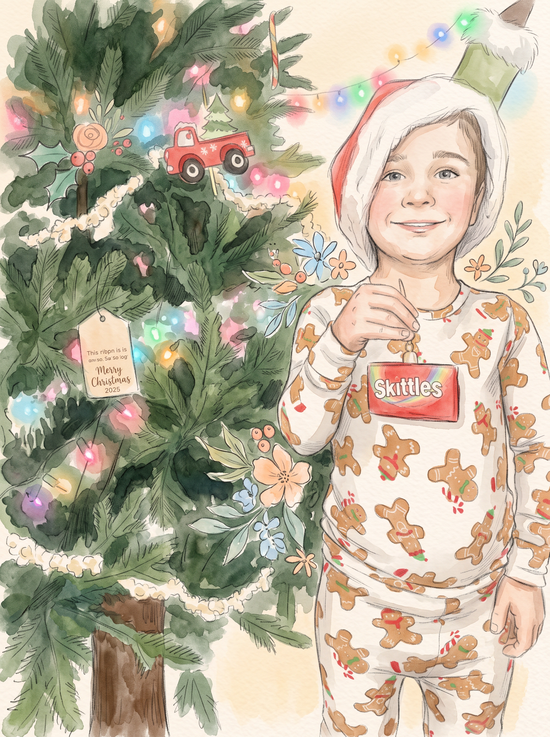 Marco in gingerbread pajamas by the Christmas tree