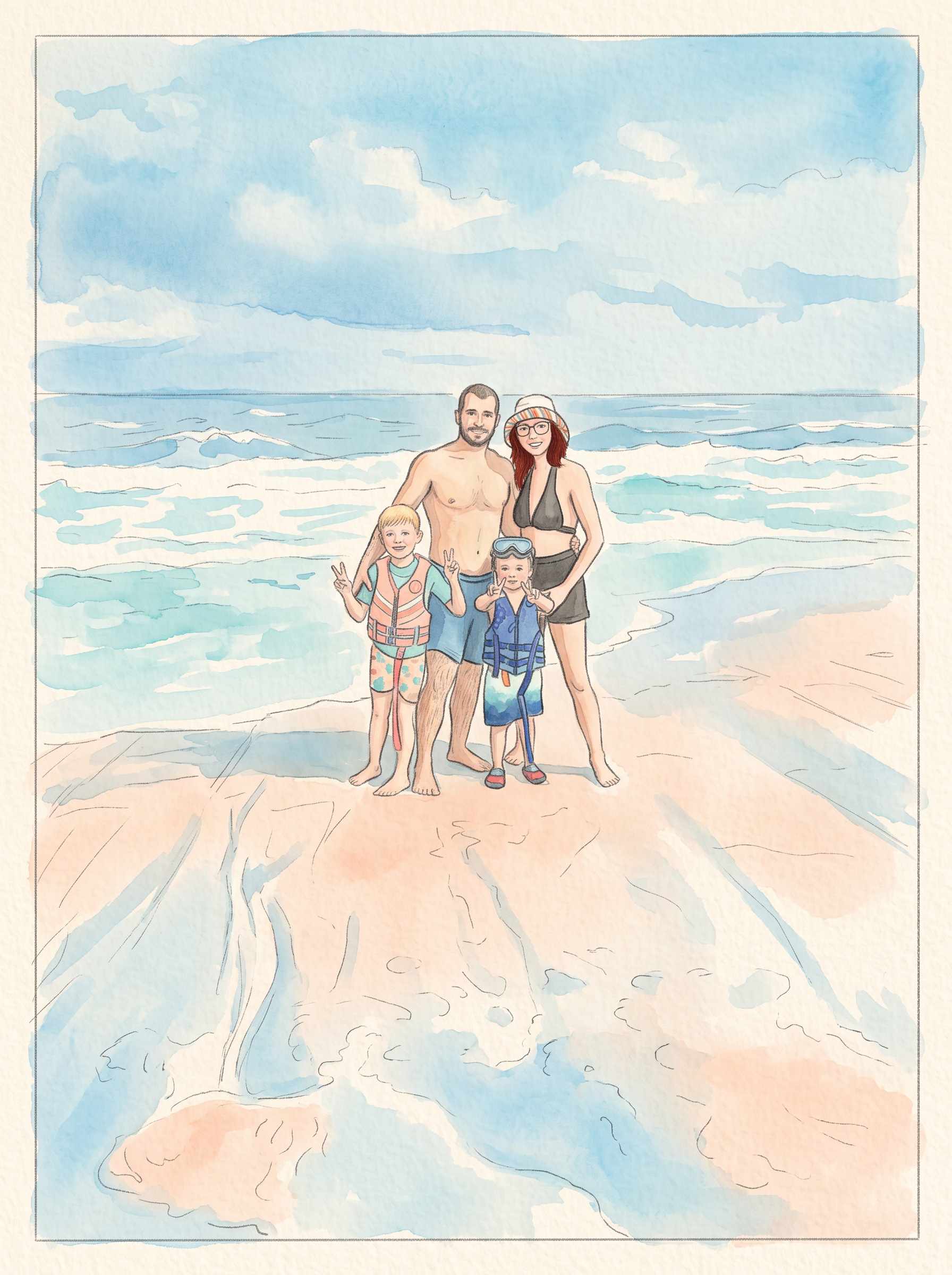 Watercolor of the Campisi family at the beach