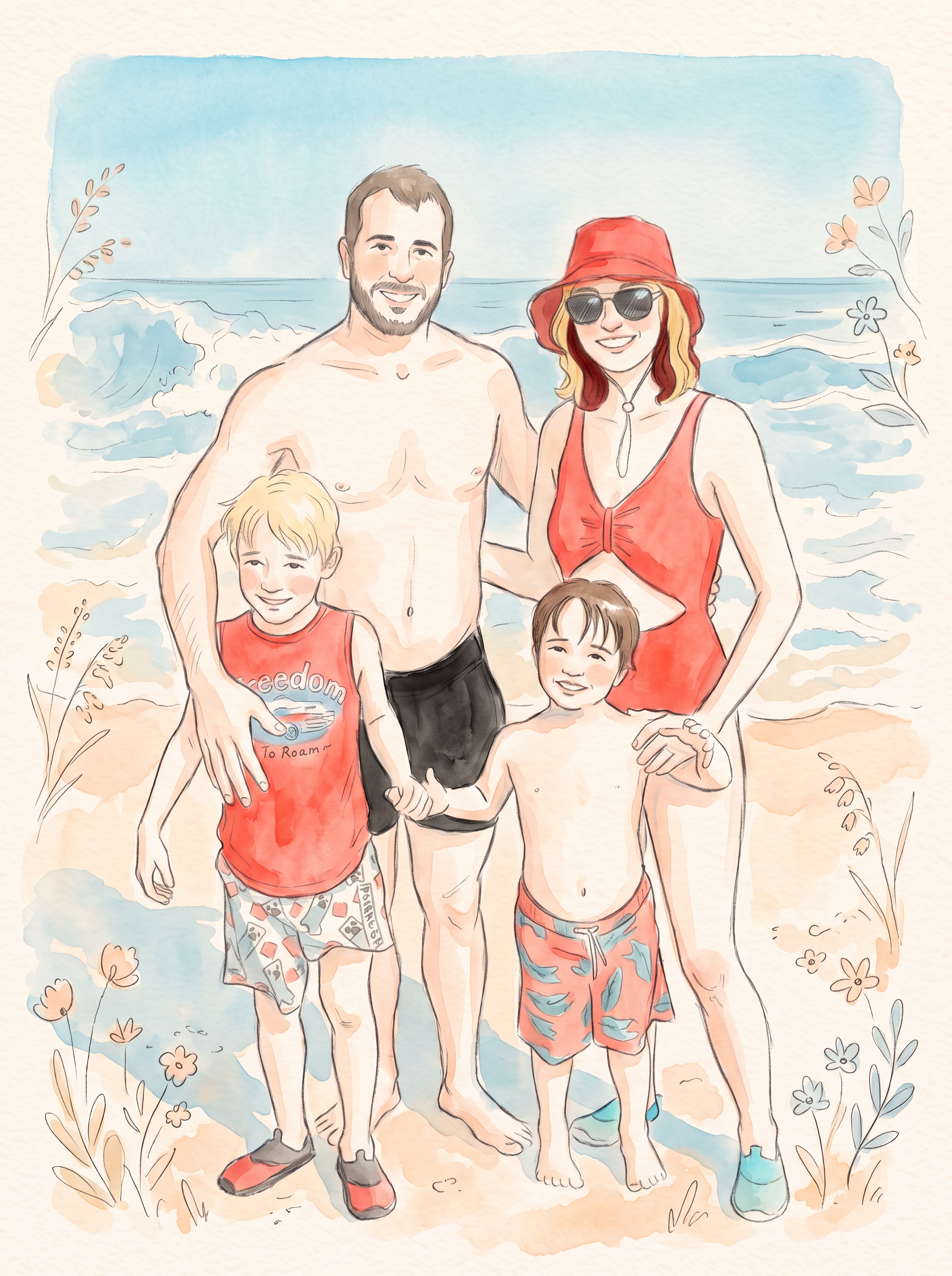 The family of four at the beach