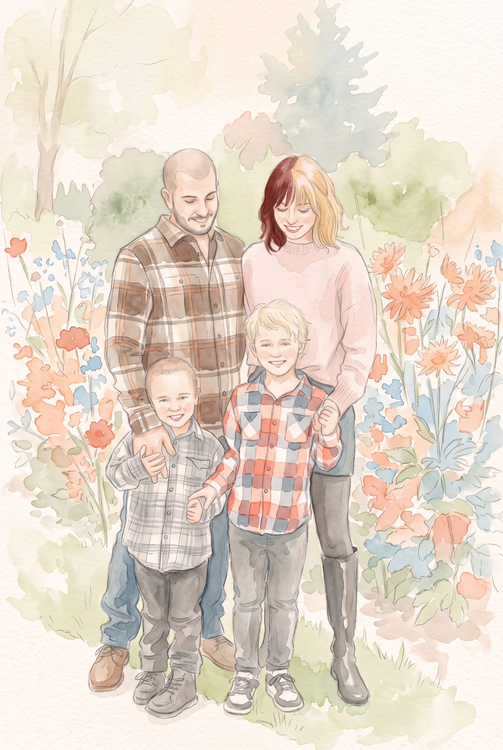 The Campisi family, Alexis, Michael, Mikah, and Marco, in a dahlia garden