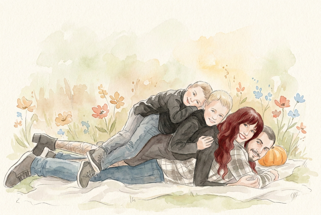 The Campisis piled together on a picnic blanket, laughing