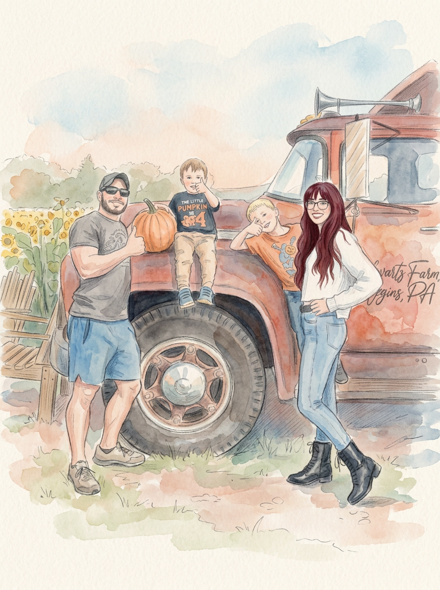 The family at a pumpkin patch by a vintage red truck