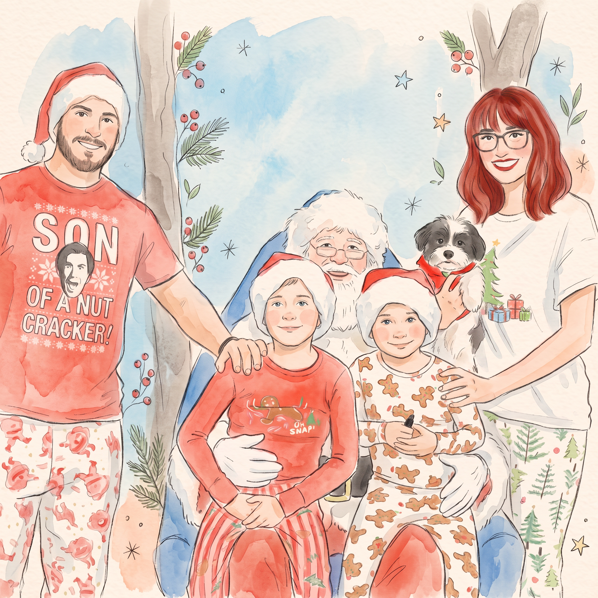 The family with Santa in matching Christmas pajamas, holding Lucie