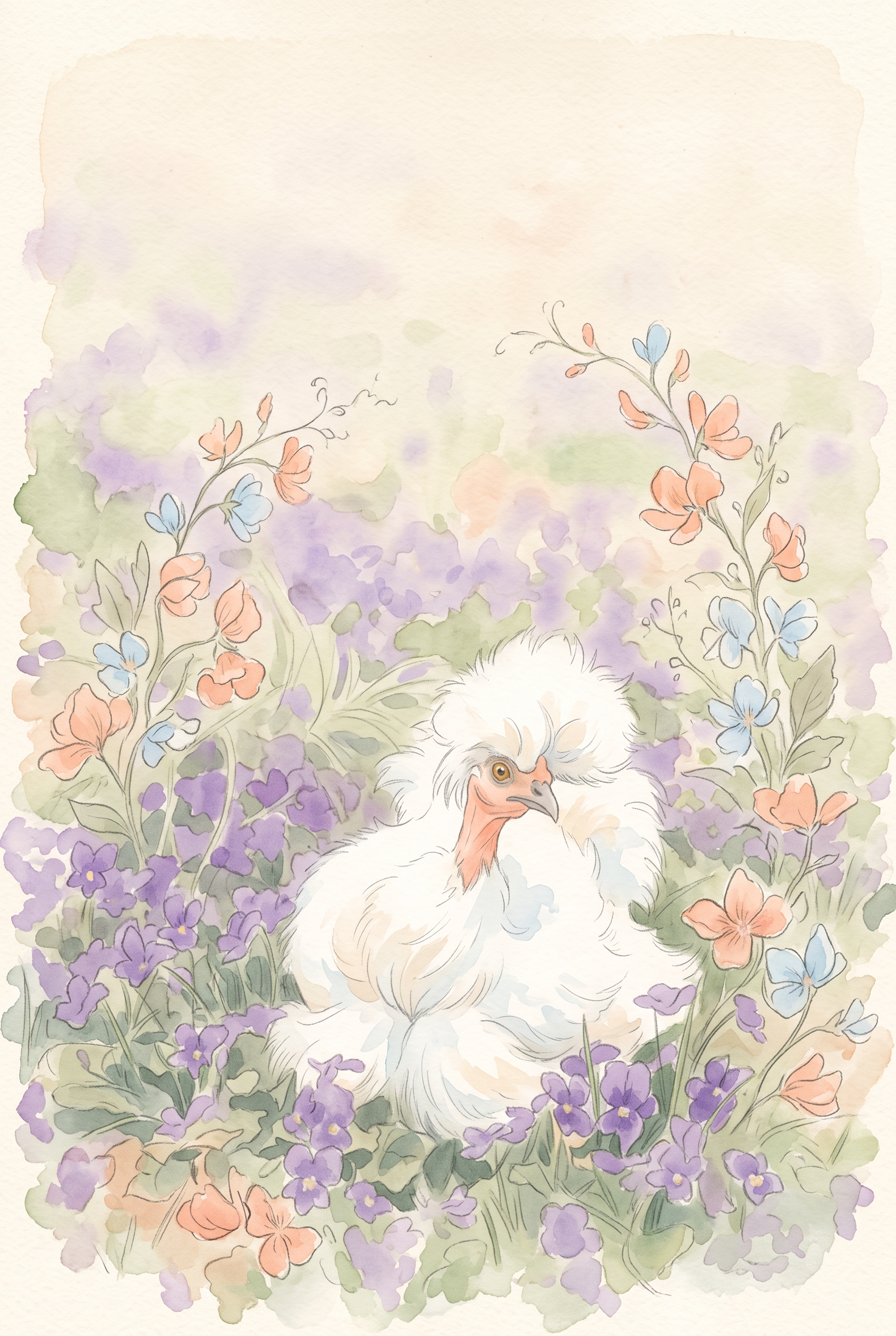 A fluffy white silkie hen in a field of violets