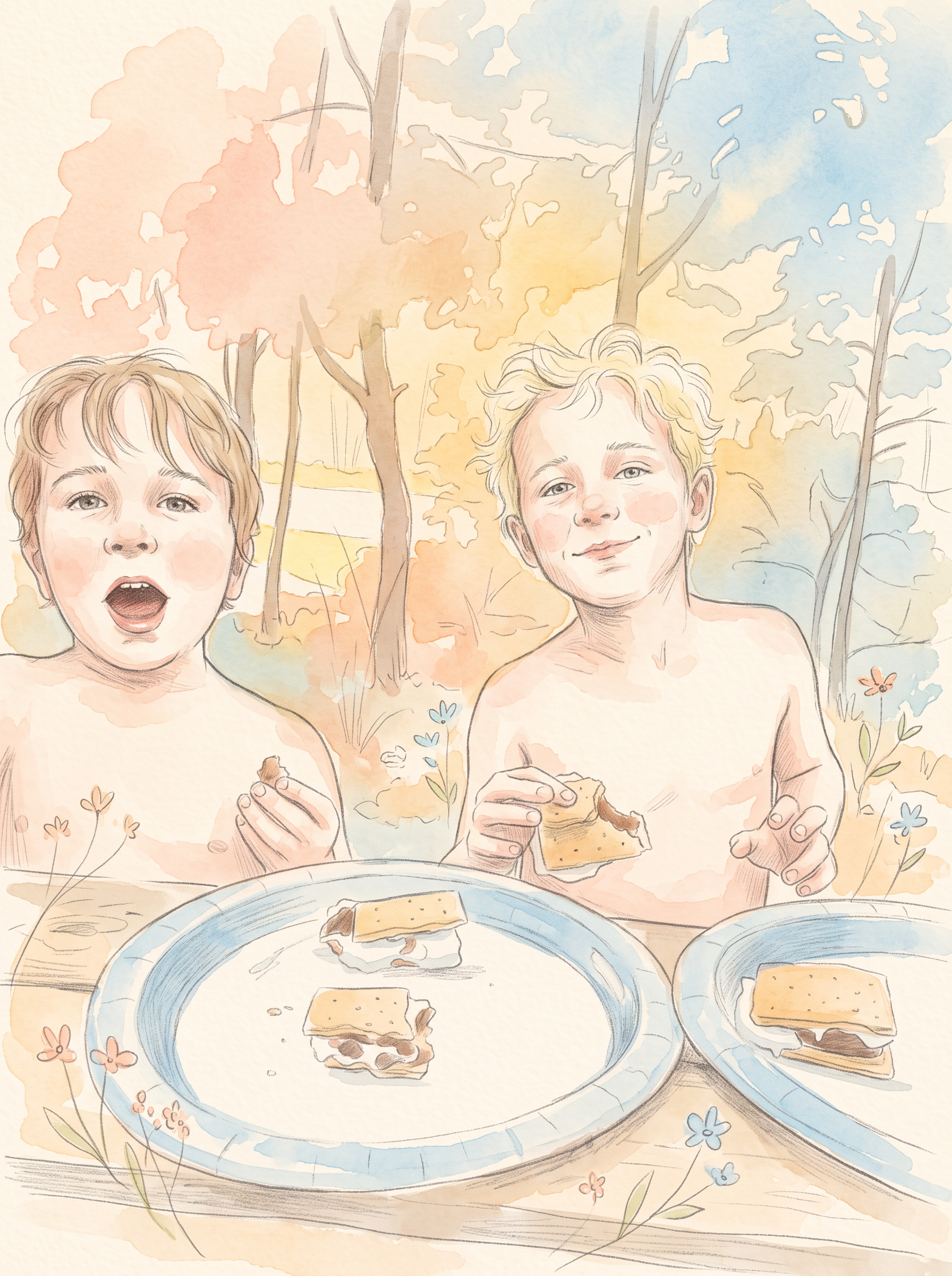Mikah and Marco eating s'mores at a campsite