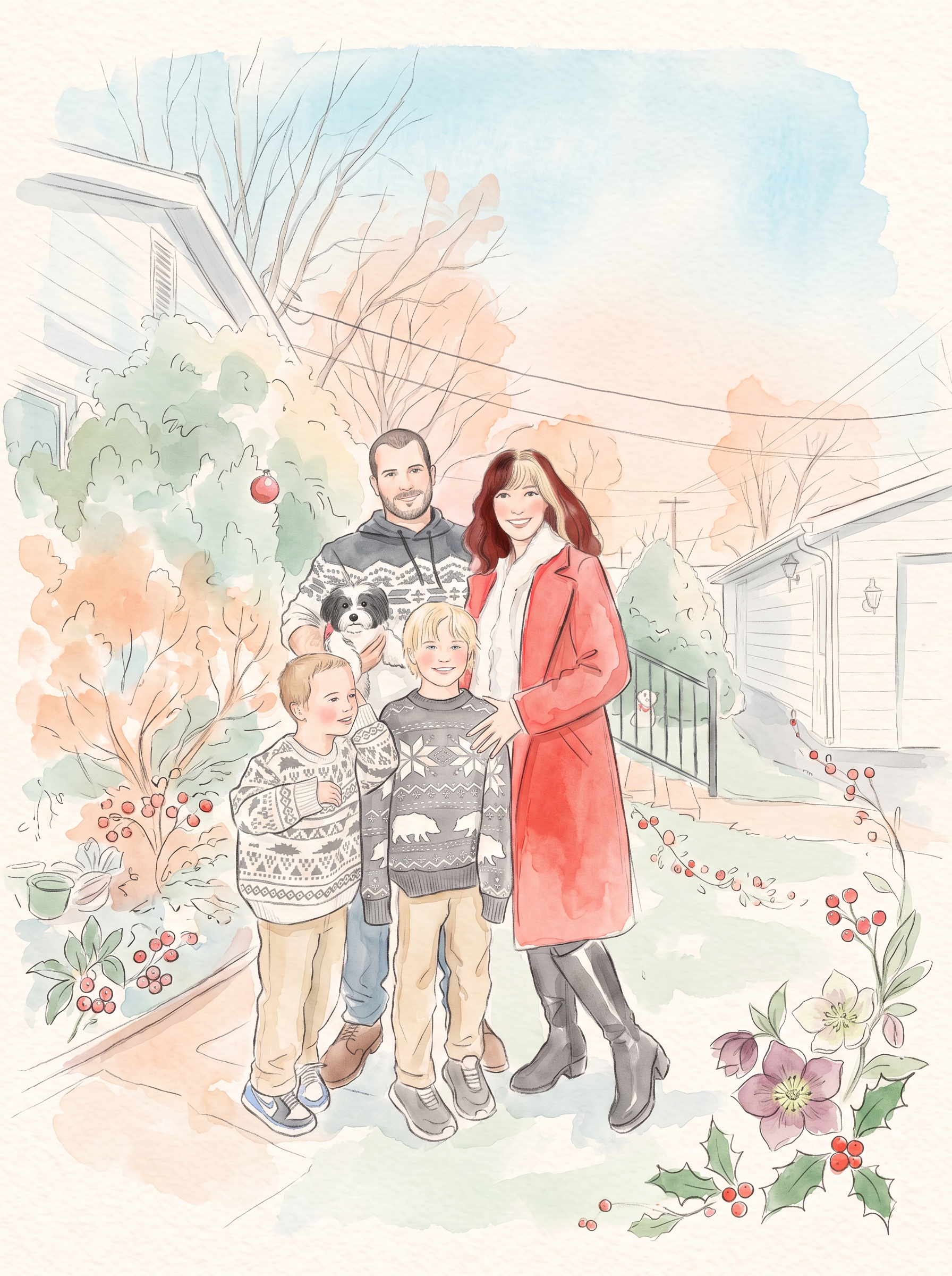 The family in coordinated winter sweaters with Lucie